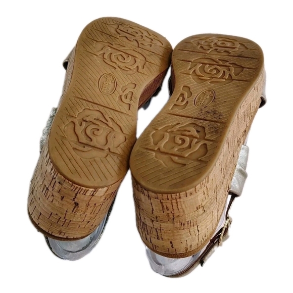 Womens Cork Wedge Comfort Sandals Size 9.5 Gold Metallic Slingback Platform - Picture 9 of 11